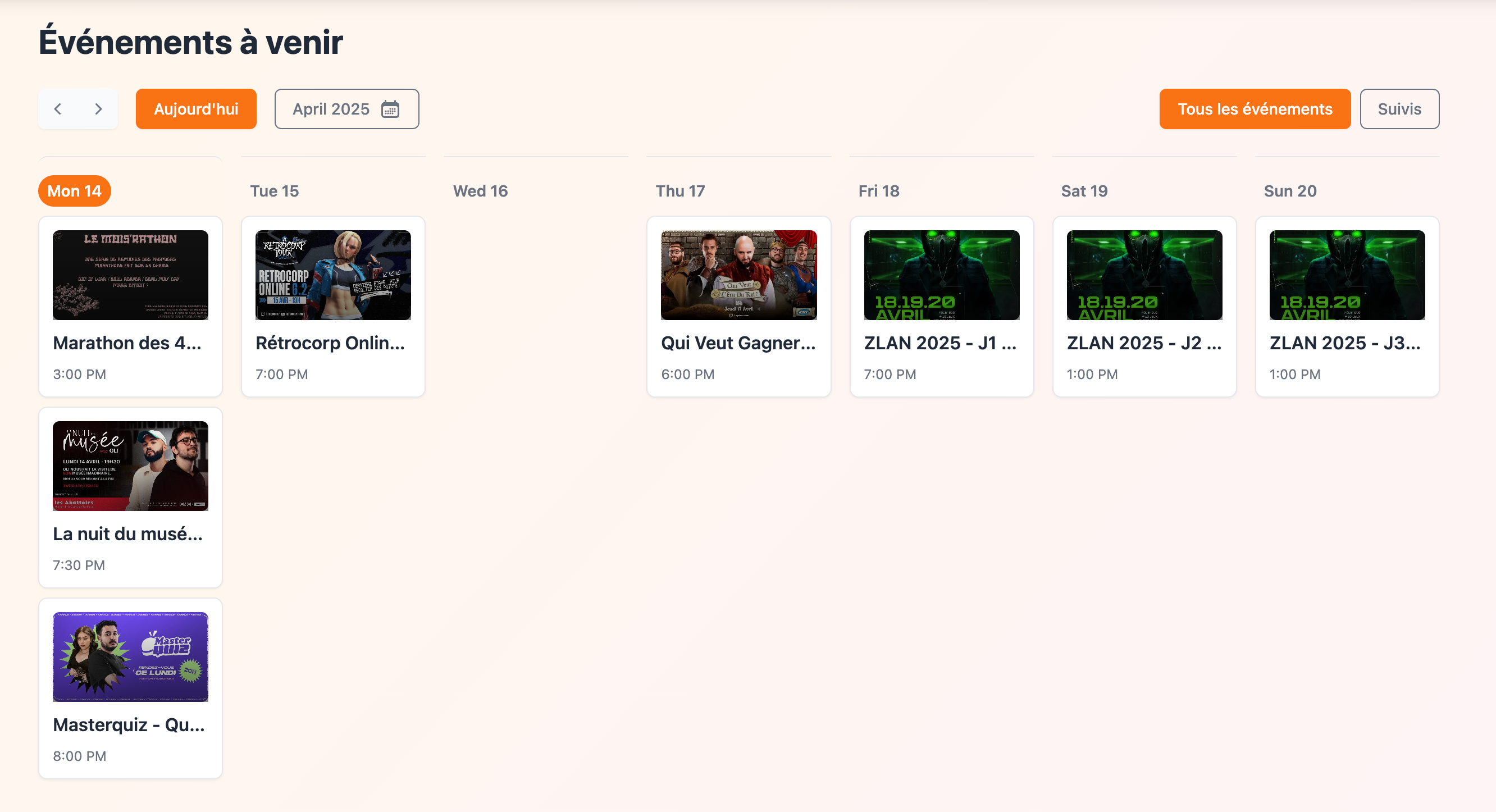Calendrier de stream avec événements à venir